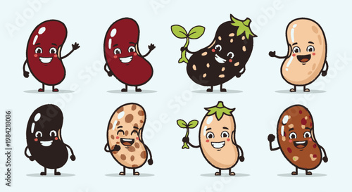 Cartoon bean characters waving and smiling in a colorful food illustration