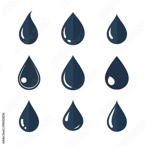 Set of nine dark blue water drop icons with different styles and reflections, including teardrop shapes for liquid, oil, moisture, and hydration, isolated on a white background.