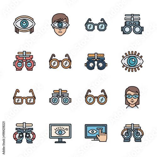 Professional ophthalmology and optometry icon set featuring phoropters, trial frames, eyeglasses, human eyes, and digital vision testing screens for medical diagnostic concepts.