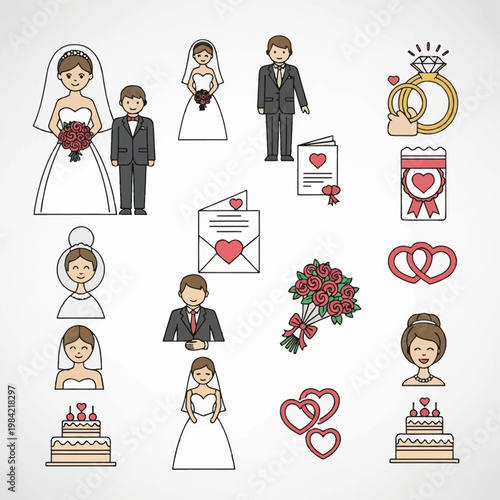 Vector set of wedding and marriage icons featuring bride in white gown, groom in suit, diamond rings, tiered wedding cake, rose bouquet, invitation envelopes, and heart symbols.