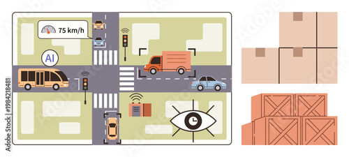 Smart cities, autonomous vehicles, logistics, transportation systems, AI technology, automation. Illustrated city intersection with vehicles, AI symbol and packages. Smart cities and autonomous