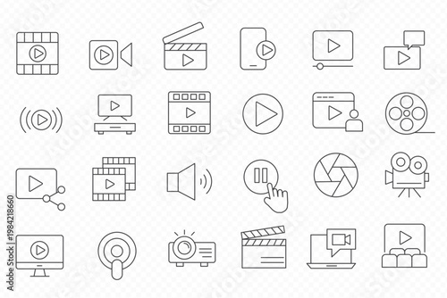 Audio and Video web icons in line style. Cinema speaker online picture play button music collection. Editable stroke. Vector illustration