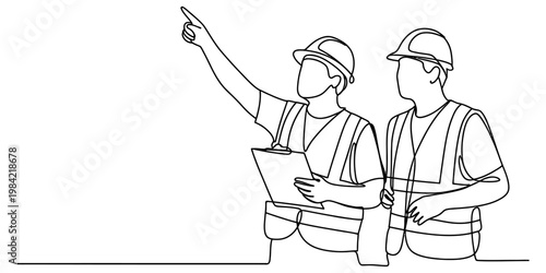 Continuous line drawing of two construction workers looking at a site plan for building project Vector, illustration