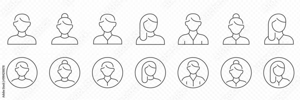 Fototapeta premium User avatar profile outline icons set male and female person account symbols in minimal line style on transparent background