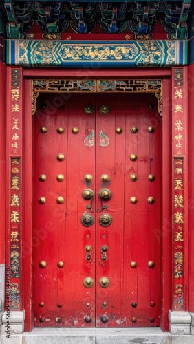 A vibrant red door adorned with intricate gold details and traditional Chinese calligraphy stands as a striking architectural element.