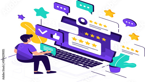 Online Customer Feedback and Rating System with User Reviewing on Laptop, Star Reviews, Social Interaction, and Digital Experience Illustration
