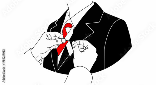 Hands pinning a red ribbon to a suit jacket for awareness