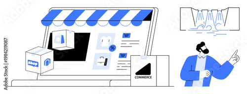 E-commerce, online shopping, retail marketing, digital stores, sales, user interface design. Digital storefront with packaging and a person pointing towards visual elements. E-commerce and online