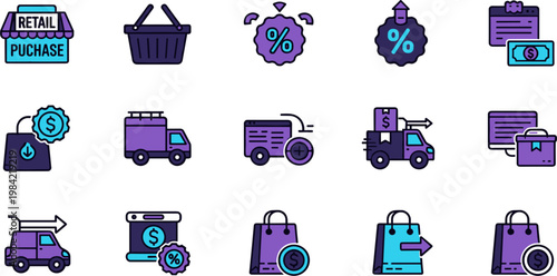 Ecommerce Shopping Icon Set with Retail Purchase Symbols, Discount Tags, Delivery Trucks, Payment Methods, Online Store Elements and Modern UI Design Collection