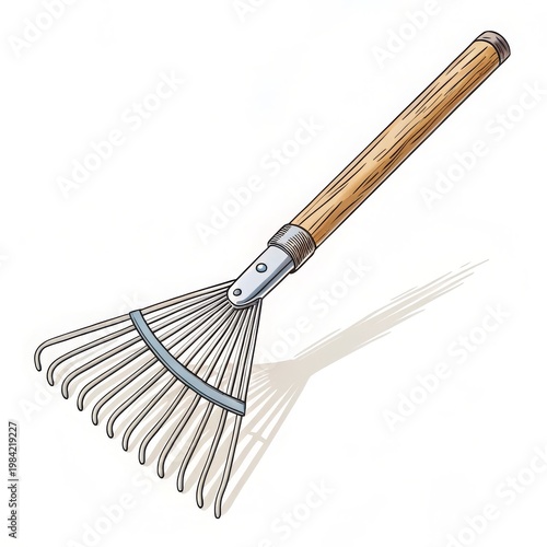 Styled vector leaf rake. Gradients, 3D shadows, realistic look. For advertising garden tools, catalogs, and hardware stores.