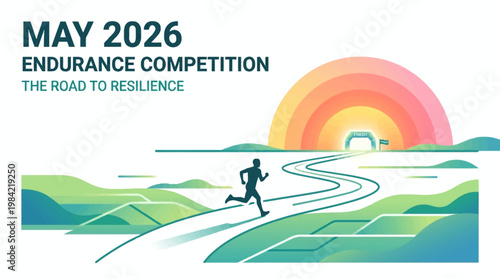 Illustration of a silhouette runner on a winding road for the May 2026 endurance competition, a fitness challenge with a road to resilience theme, conveying stamina and survival in an