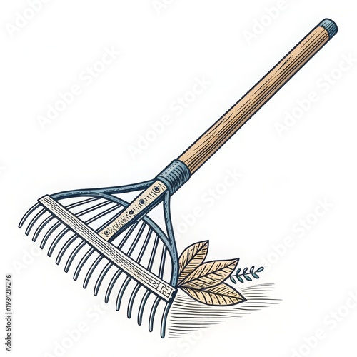 Styled vector leaf rake. Gradients, 3D shadows, realistic look. For advertising garden tools, catalogs, and hardware stores.