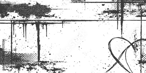 Abstract a gritty, urban-inspired artwork, showcasing a hand-drawn heart intertwined with distressed textures and splatters, evoking raw emotions.