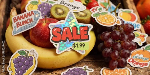 Fruit label stickers in retro cartoon style. Paper tags, fruit names, price stickers, colorful badges, grocery vibe, 90s packaging aesthetic, illustration in retro cartoon style, trendy patches