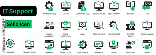 Solid vector of IT Support icon set. IT Support solid icon set. Tech and IT Support solid icon set. Includes symbols for Remote Access, System Optimization, Cloud Support, and Cyber Security. 