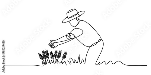 A single continuous line drawing of a farmer in a straw hat tending to a field of wheat crops now Vector, illustration