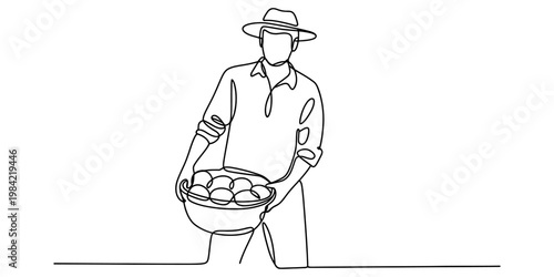 A continuous line drawing of a farmer holding a large bowl filled with freshly harvested fruit Vector, illustration