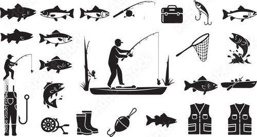 Fishing icons and silhouettes on white background