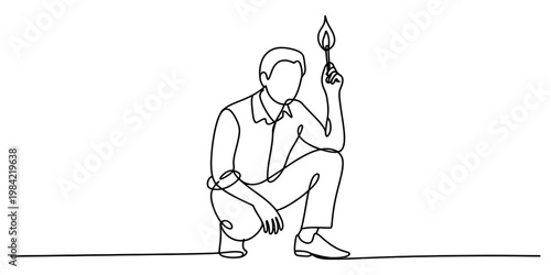 A single continuous line drawing featuring a man in a crouched position holding a lit matchstick Vector, illustration
