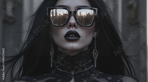 Portrait of a girl wearing round sunglasses. Warm sunset light, bokeh. Boho style, black lace. Fashionable shot for a blog or a magazine about beauty and style.