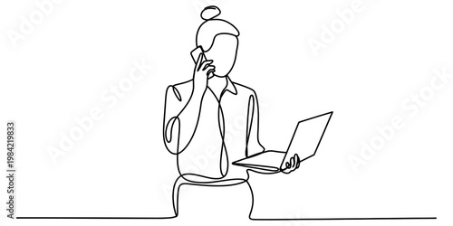 A continuous line drawing of a woman working on a laptop while talking on her mobile telephone set. Vector, illustration