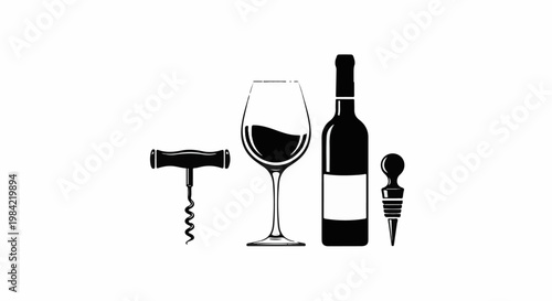 Minimalist graphic of wine accessories, corkscrew, glass, bottle, stopper
