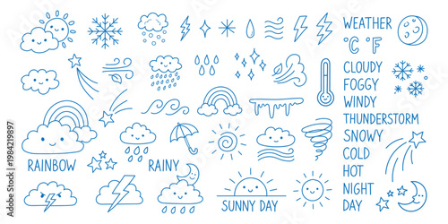 illustration  weather  set  sun  storm  collection  rain  Doodle weather icons with hand draw cute sun and cloud. Sketchy line art rain and snow with scribble rainbow and storm. Outline vector signs 