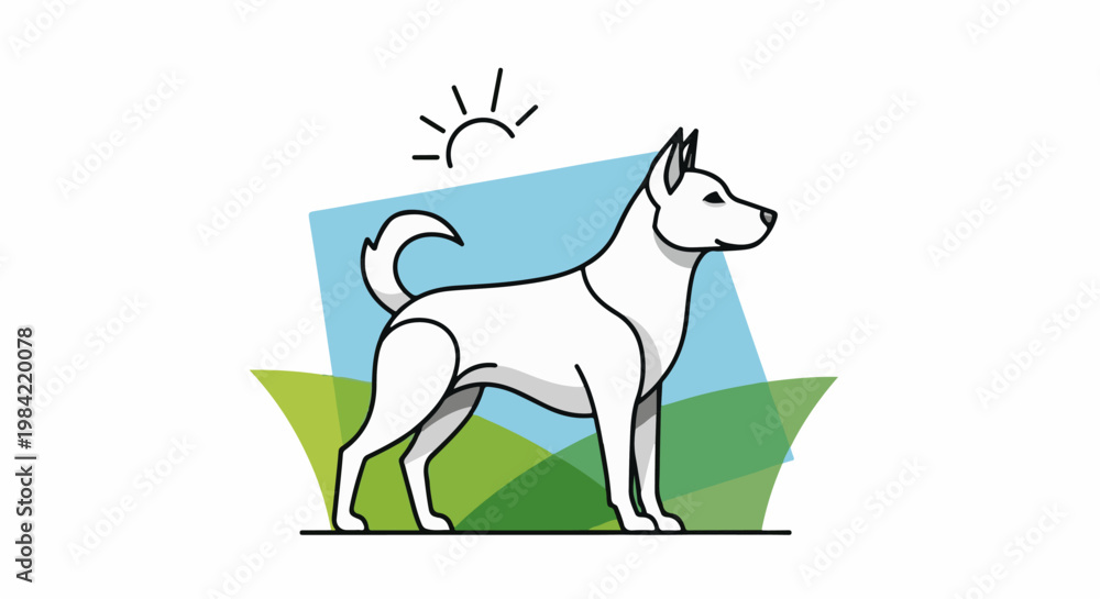 Fototapeta premium Minimalist illustration of a white dog with upright ears under a stylized sun