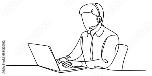 Continuous single line drawing of a customer support agent working on a laptop at his office desk Vector, illustration
