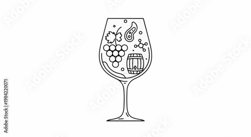 Minimalist illustration of a wine glass filled with grapes, barrel, and molecules