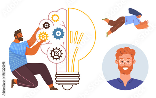 Teamwork, innovation, creative ideas, problem-solving, collaboration, brainstorming. A man adjusting gears in a lightbulb, a flying character and a smiling face portrait. Teamwork and innovation