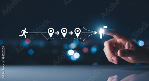 Business roadmap planning concept, hand touching virtual milestone icons, strategic path to success