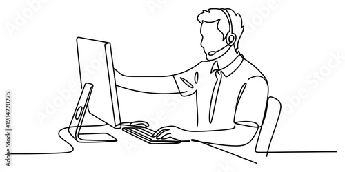 A single continuous line drawing of a customer service representative working on a computer setup. Vector, illustration