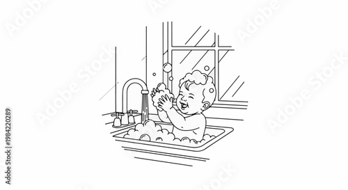 Happy baby playing with bubbles in bathtub