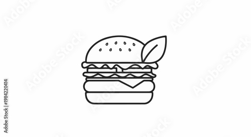Minimalist line art illustration of a multi-layered burger with a leaf