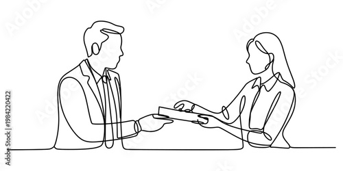 Continuous single line drawing of a man and a woman exchanging a document in a business setting. Vector, illustration