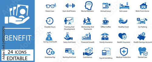 Employee Benefit Corporate HR Perks Vector Icon Set featuring Compensation,Perk, Wellness,Job, Insurance, Salary, Bonus, Health, Dental, Medical,Finance symbols.
