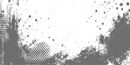 Abstract grunge artistic design features a dynamic arrangement of scattered ink splatters, conveying a sense of abstract, gritty elegance and texture.