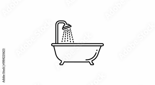 Minimalist line art illustration of a clawfoot bathtub with a showerhead spraying water