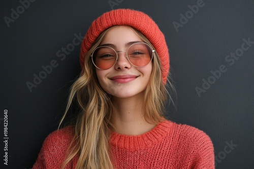 Stylish Young Woman Smiling in Coral Knitwear and Sunglasses