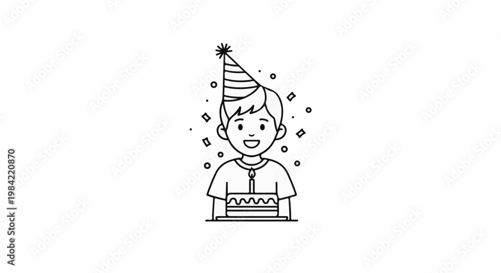 Fototapeta premium Happy child with birthday cake, wearing party hat, confetti falling
