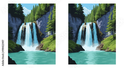 Two identical vertical vector illustrations featuring a turquoise waterfall cascading over dark rocky cliffs into a serene pool, surrounded by dense pine trees and green hills.
