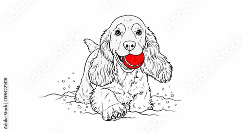 Happy dog with a red ball in its mouth, playing in the water