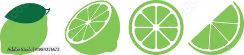 Stages of a lime being cut into slices and a lemon wedge