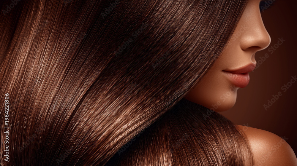 Fototapeta premium Woman with long straight brown hair. Healthy shiny hairstyle after beauty salon treatment. Professional care for smooth hair structure. Concept of cosmetic product for hair maintenance.