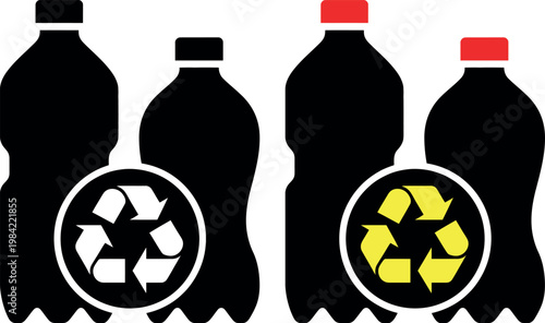 Recycling symbol on plastic bottles with different caps