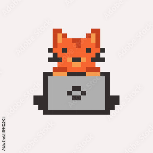 Pixel art illustration of a cute cat working in a laptop. Remote work, productivity, freelancing, education, or digital lifestyle. Suitable for apps, websites, stickers, and game assets. Vector