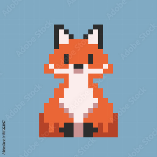Pixel art illustration of a cute fox sitting in a front-facing pose. The character is designed in a charming 8-bit style. Perfect for use in games, children’s content, stickers, apps, and nature-theme