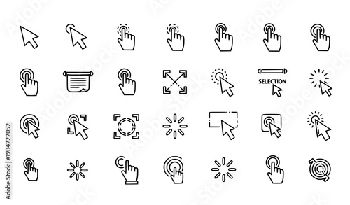 Linear cursor interaction icons collection with click tap swipe and pointer symbols vector