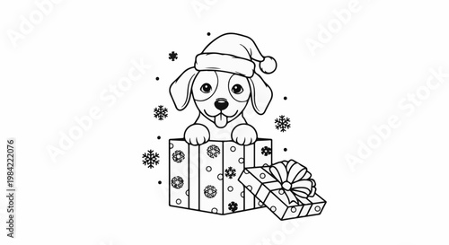 Happy puppy wearing Santa hat emerges from a gift box with snowflakes